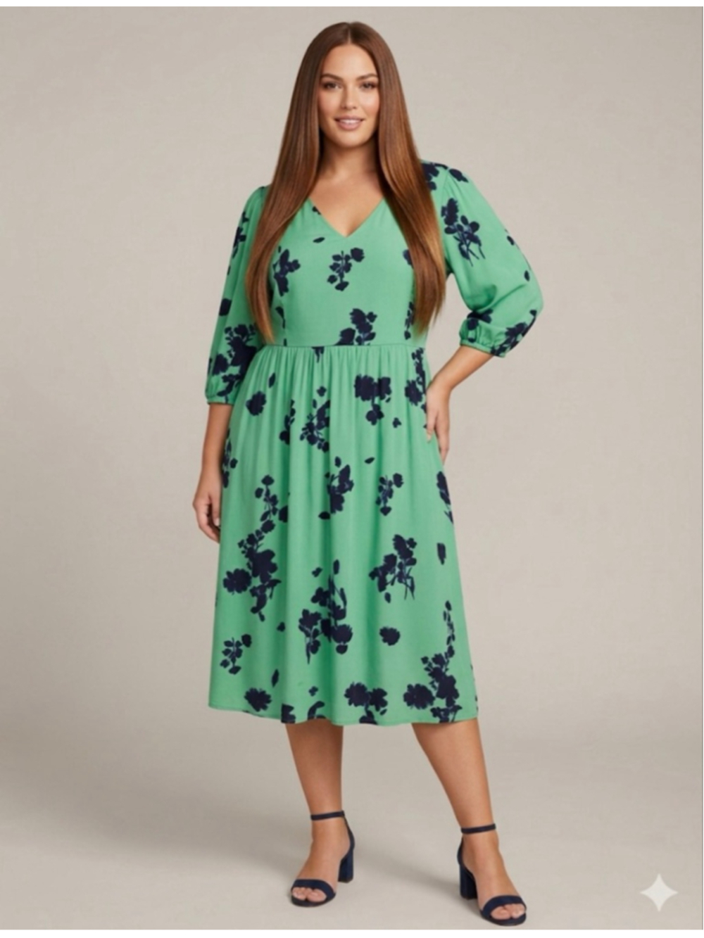 AVA & VIV Green & Navy Floral Midi Dress - Plus XXL